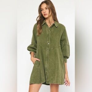 entro Olive Green Casual Shirt Dress with Collar and Puff sleeves Size M